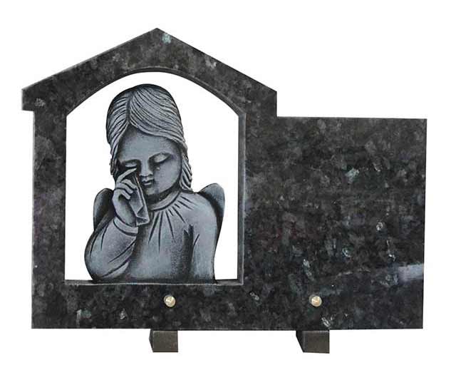 Blue Pearl Granite Funeral Plaque with Weeping Little Angel Carvings