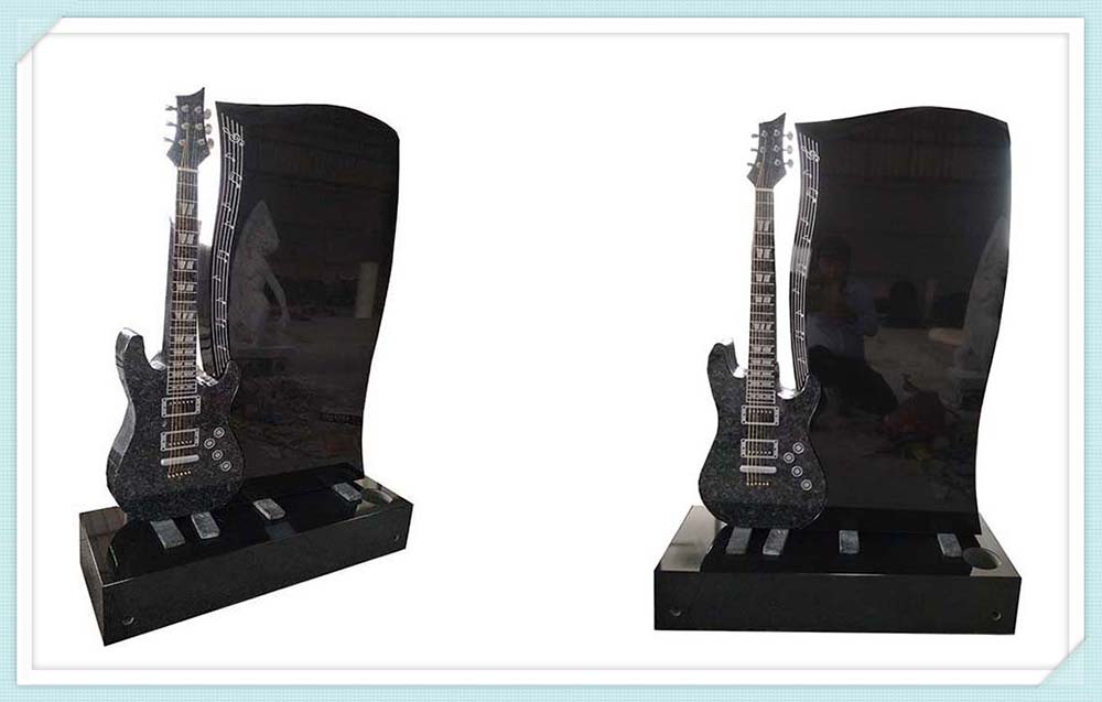 Upright Black Granite Tombstone with Guitar Carvings