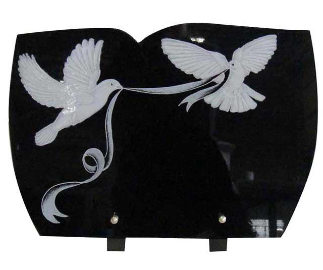 Double White Birds Carving Black Granite Cremation Plaque 