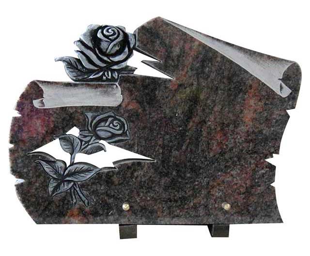 Paper Shape Indian Aurora Granite Funeral Plaque with Antique Rose Carving 