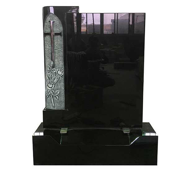 Absolute Black Granite Gravestone with Cross And Rose Carving