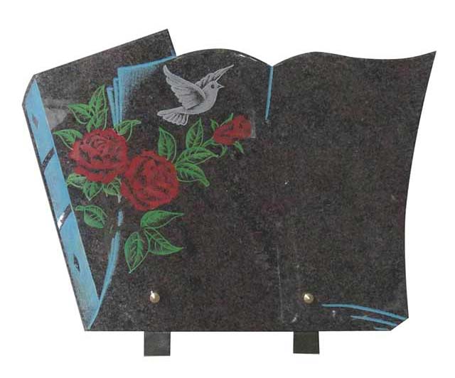 South Africa Black Granite Headstone Plaque with Painted Engraving Rose Birds Leaves 