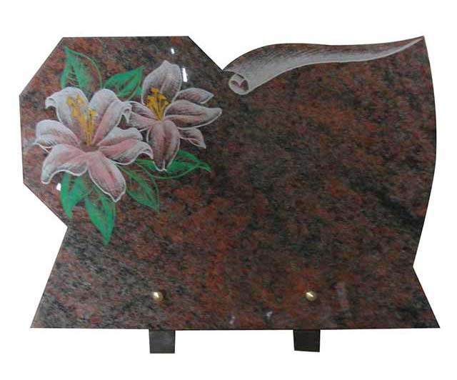 Romantic Red Granite Funeral Plaque with Painted Pink Lilies