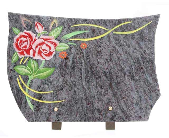 Bahama Blue Granite Funeral Plaque with Red Engraving Flower And Green Leaves