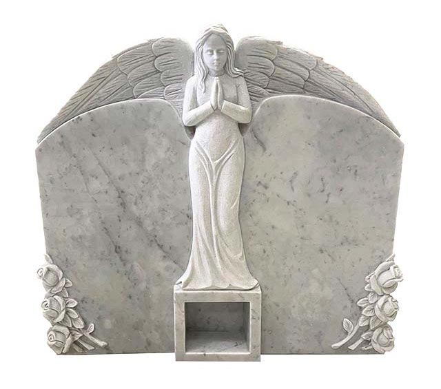 Italian Bianco Carrara White Marble Double Tombstone with Standing Praying Angel Statue